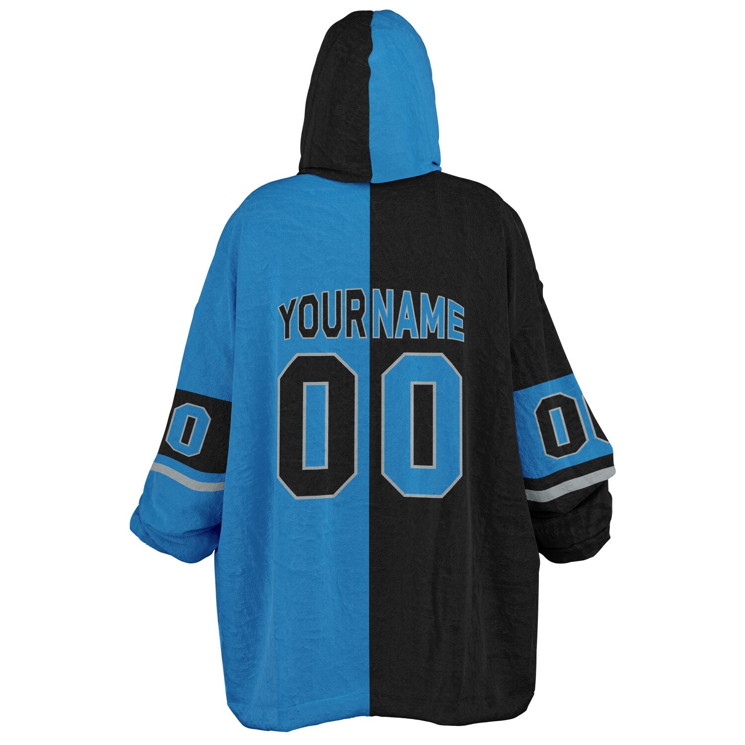 Black, blue, and silver halftime snug hoodie with three-tone split design and cozy fleece texture.