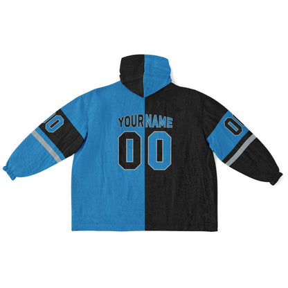 Black, blue, and silver halftime snug hoodie with three-tone split design and cozy fleece texture.