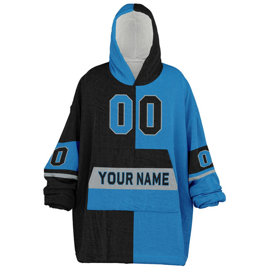 Black, blue, and silver halftime snug hoodie with three-tone split design and cozy fleece texture.