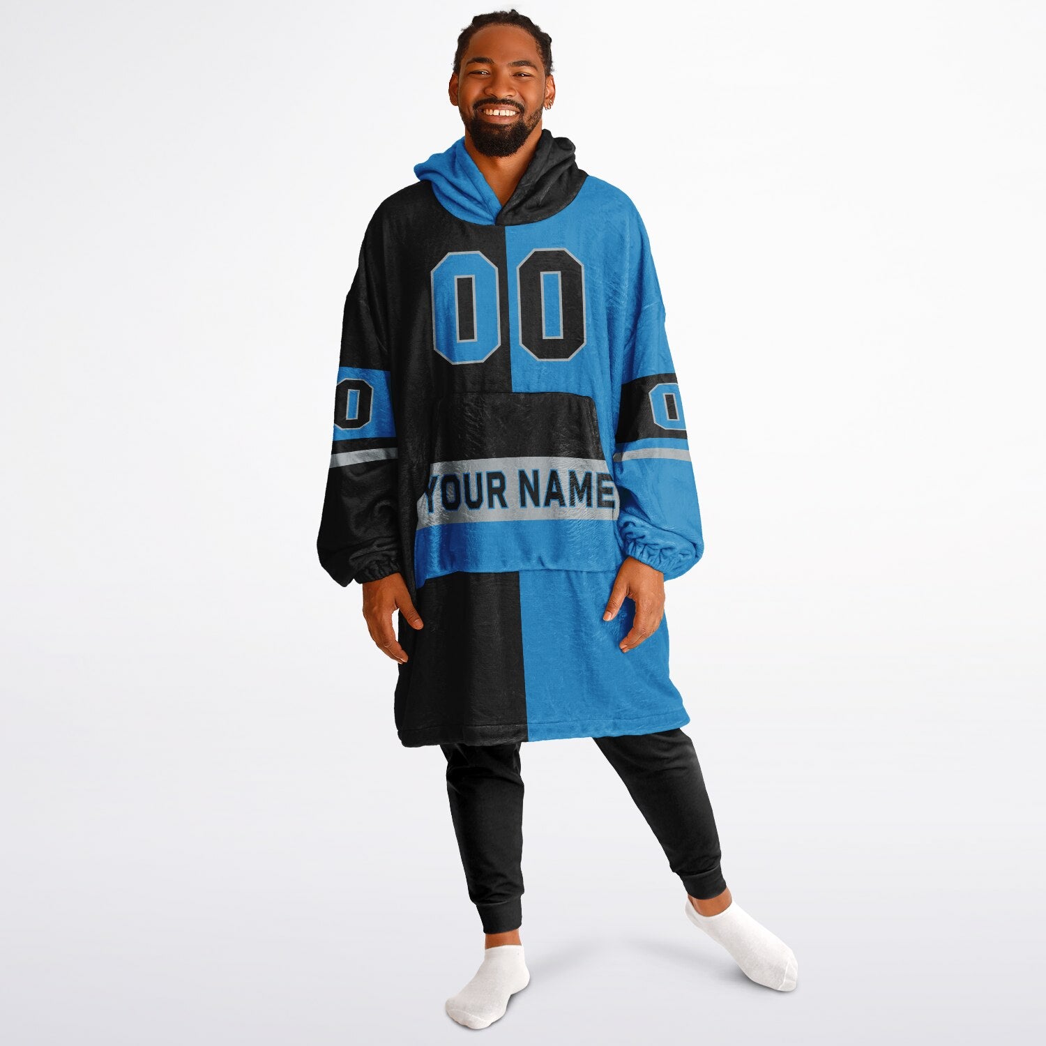 Black, blue, and silver halftime snug hoodie with three-tone split design and cozy fleece texture.