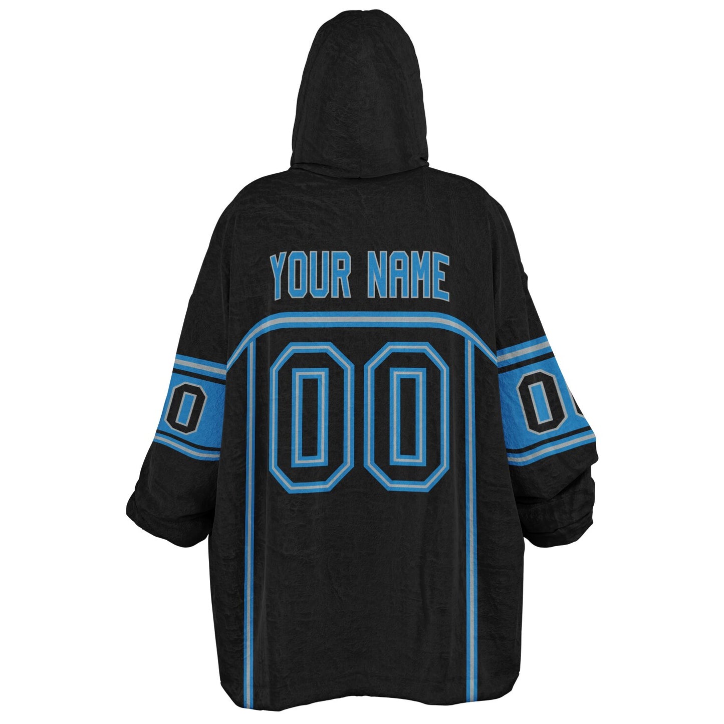 Black, blue, and silver lineup snug hoodie with clean line work and subtle jersey influence.
