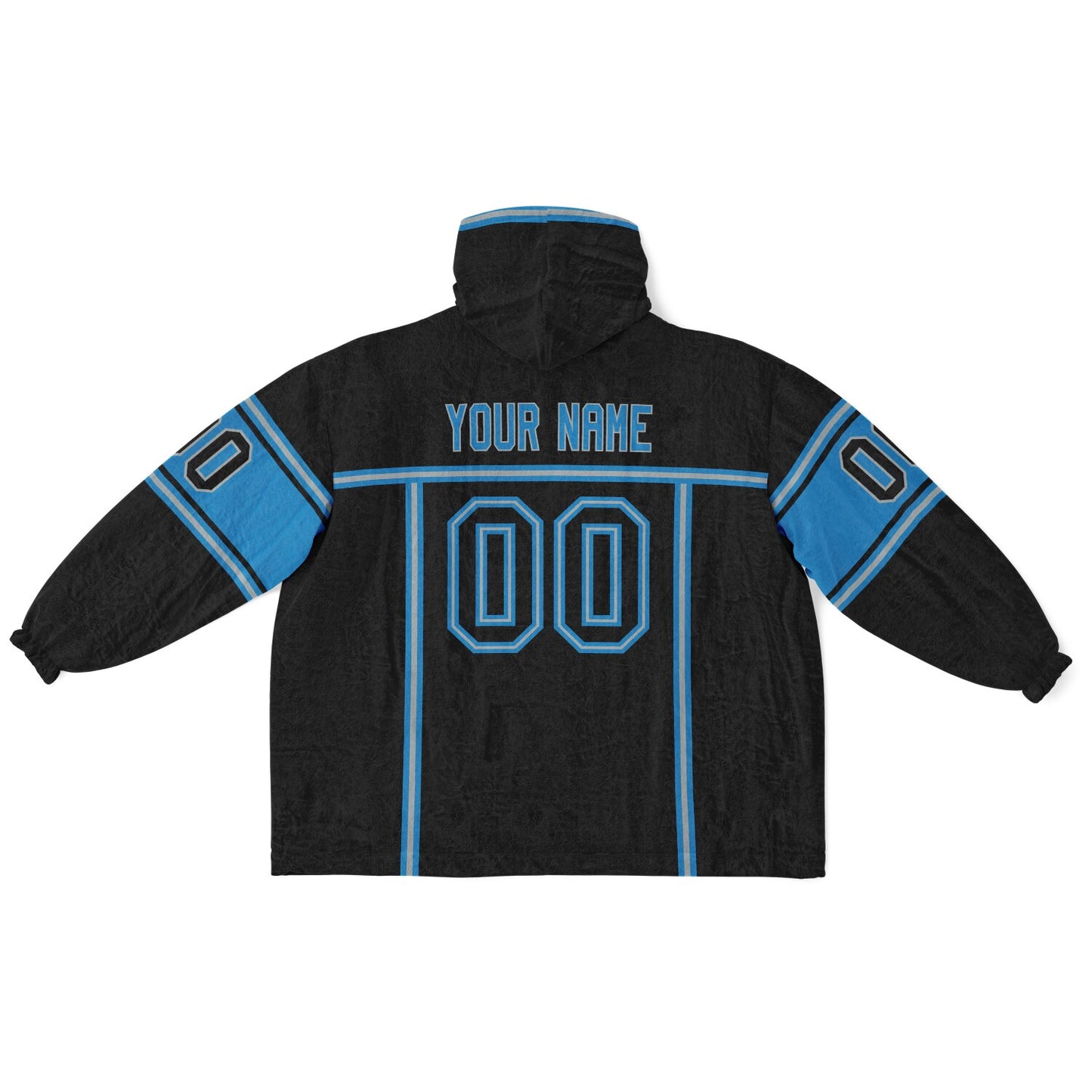 Black, blue, and silver lineup snug hoodie with clean line work and subtle jersey influence.