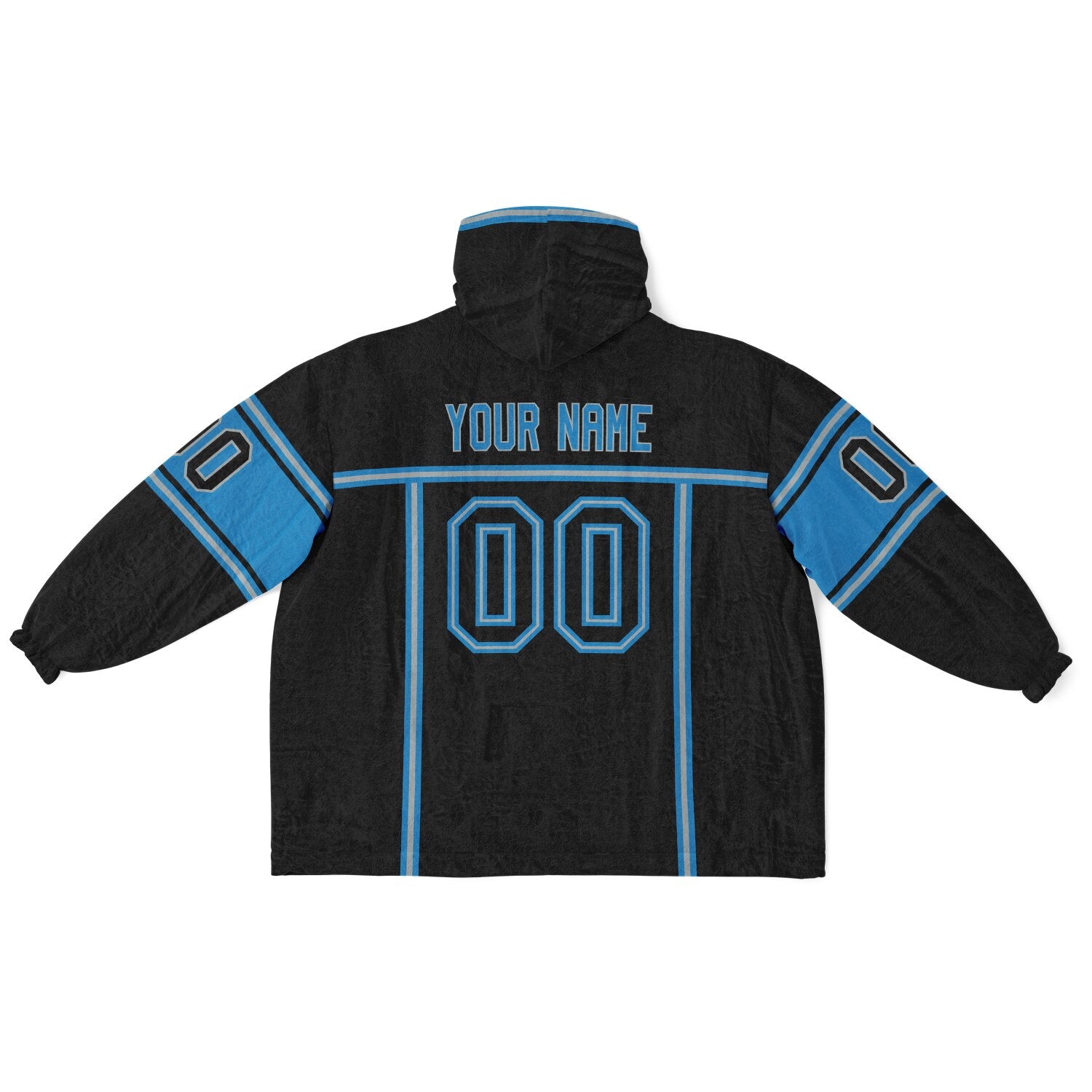 Black, blue, and silver lineup snug hoodie with clean line work and subtle jersey influence.
