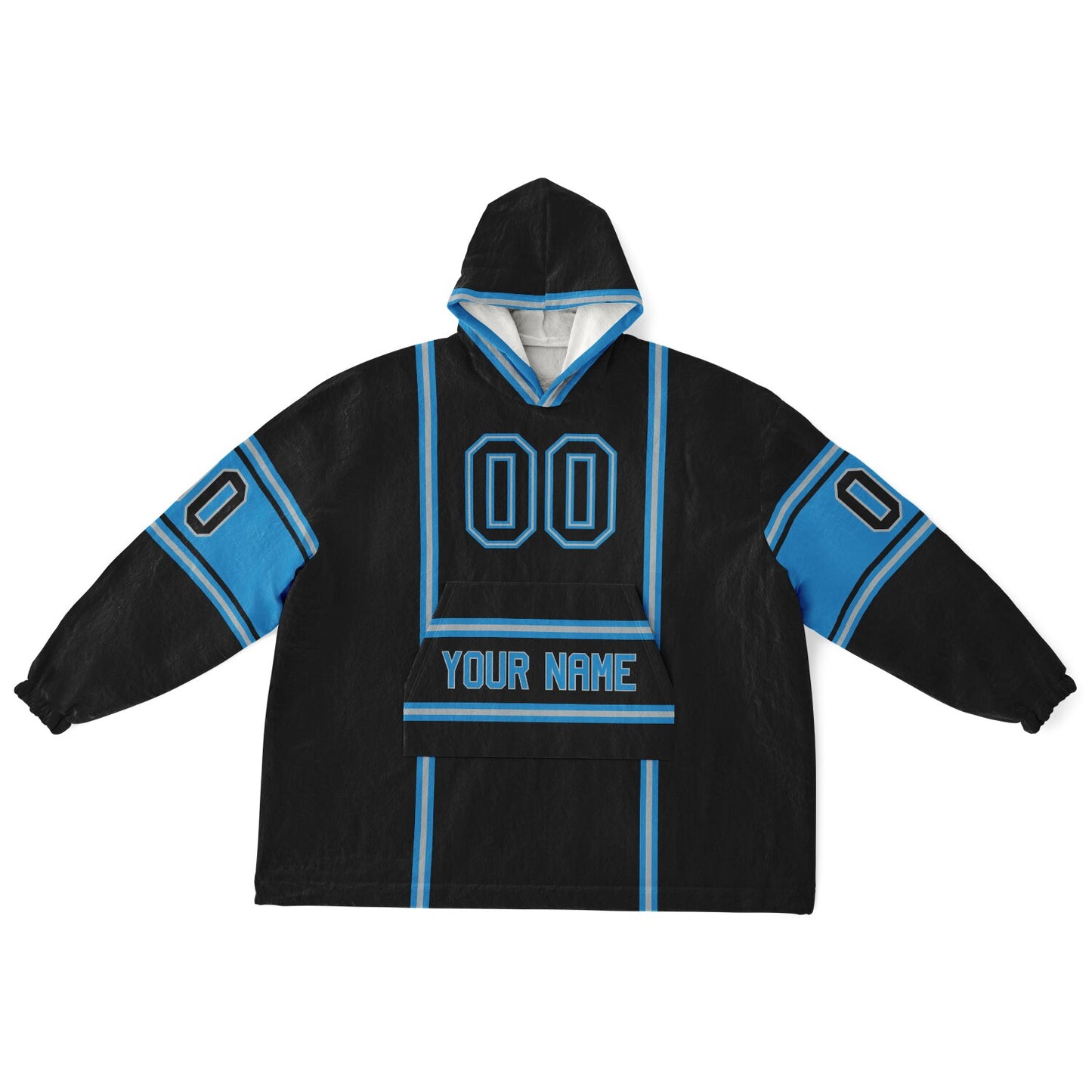 Black, blue, and silver lineup snug hoodie with clean line work and subtle jersey influence.