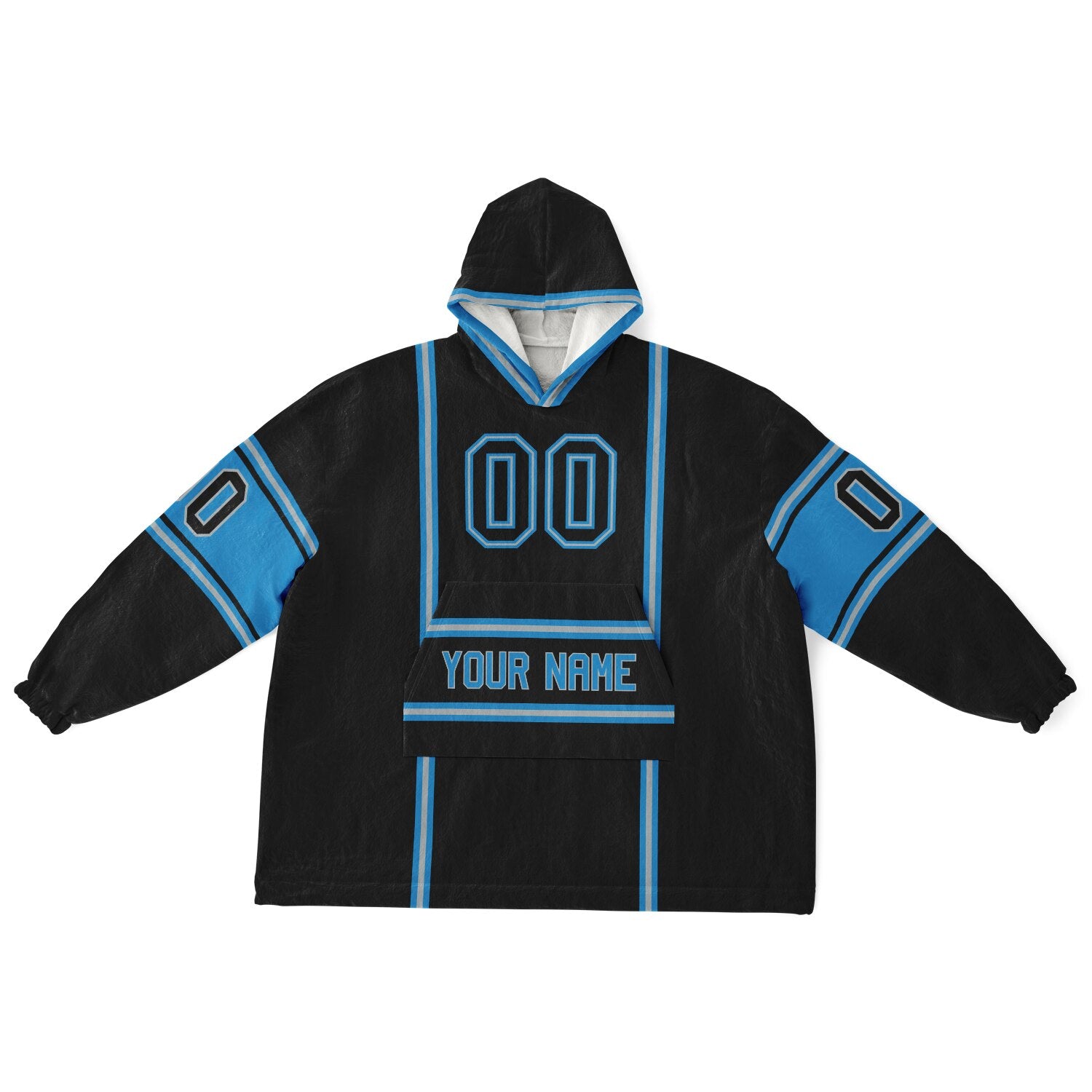 Black, blue, and silver lineup snug hoodie with clean line work and subtle jersey influence.