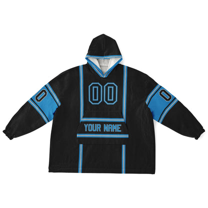 Black, blue, and silver lineup snug hoodie with clean line work and subtle jersey influence.