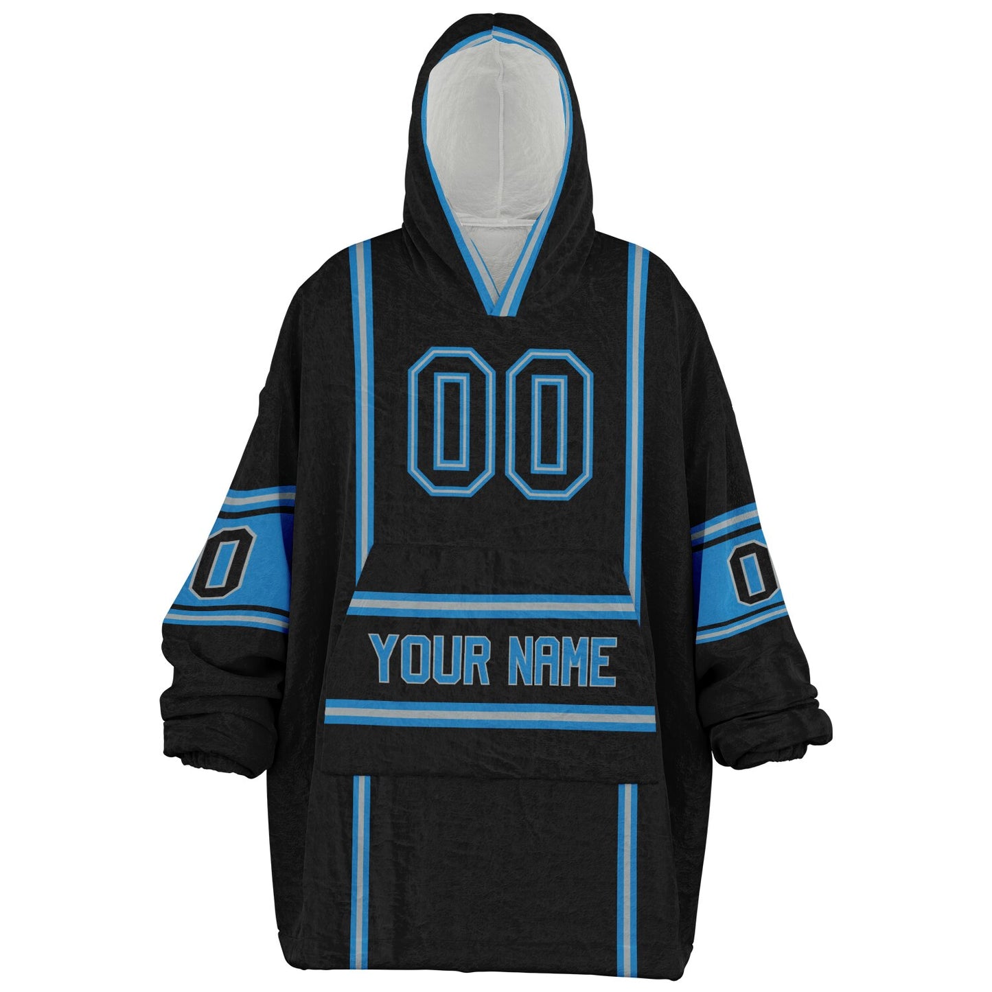 Black, blue, and silver lineup snug hoodie with clean line work and subtle jersey influence.