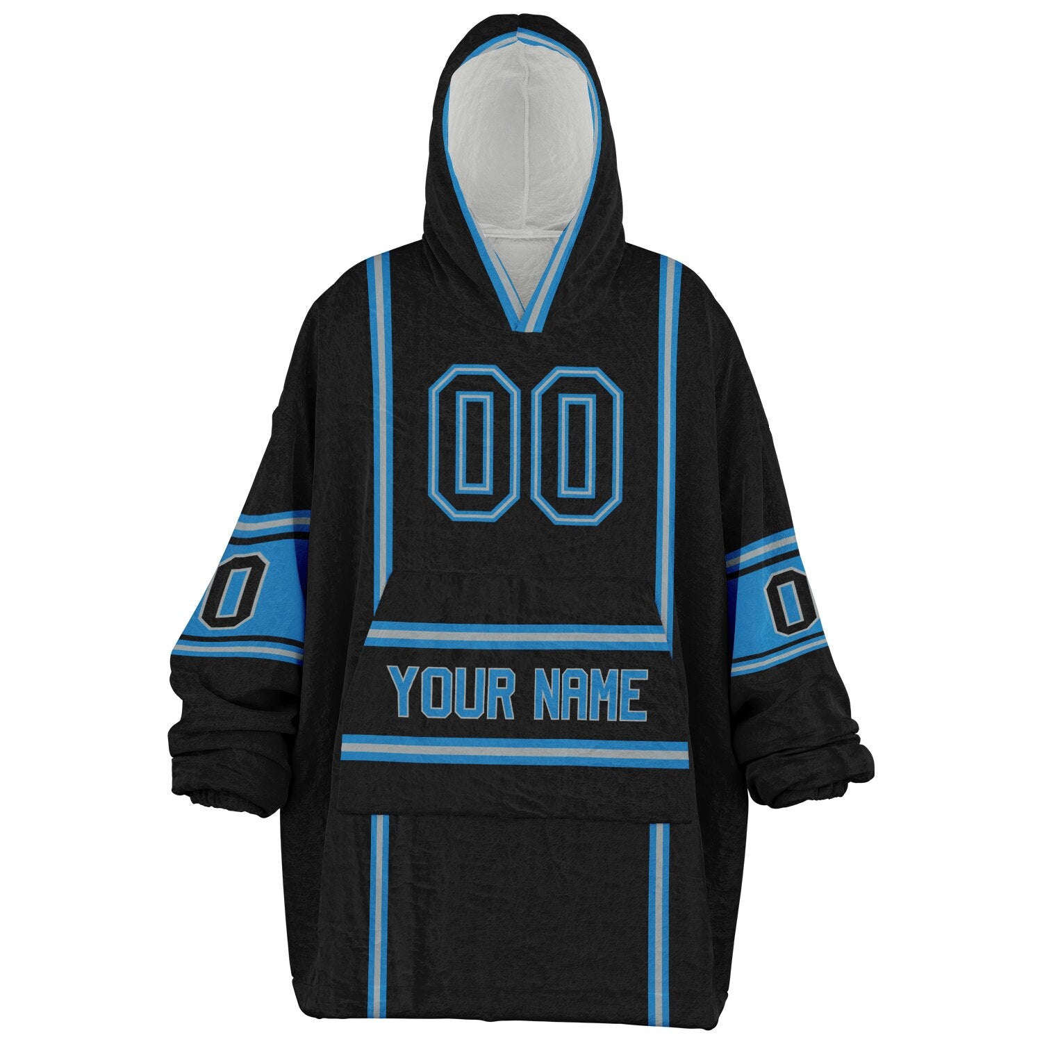 Black, blue, and silver lineup snug hoodie with clean line work and subtle jersey influence.
