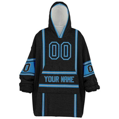 Black, blue, and silver lineup snug hoodie with clean line work and subtle jersey influence.