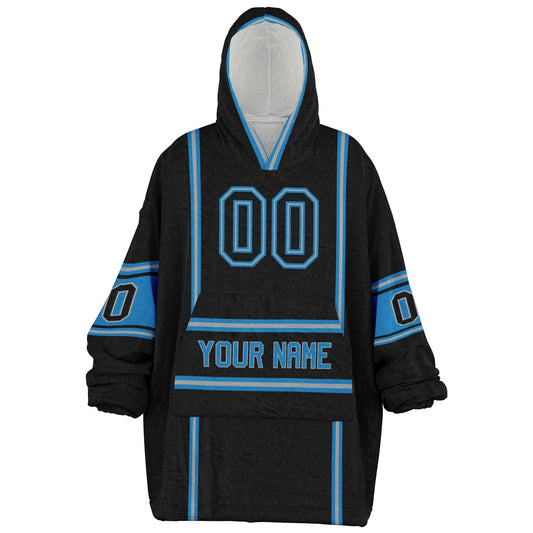Black, blue, and silver lineup snug hoodie with clean line work and subtle jersey influence.