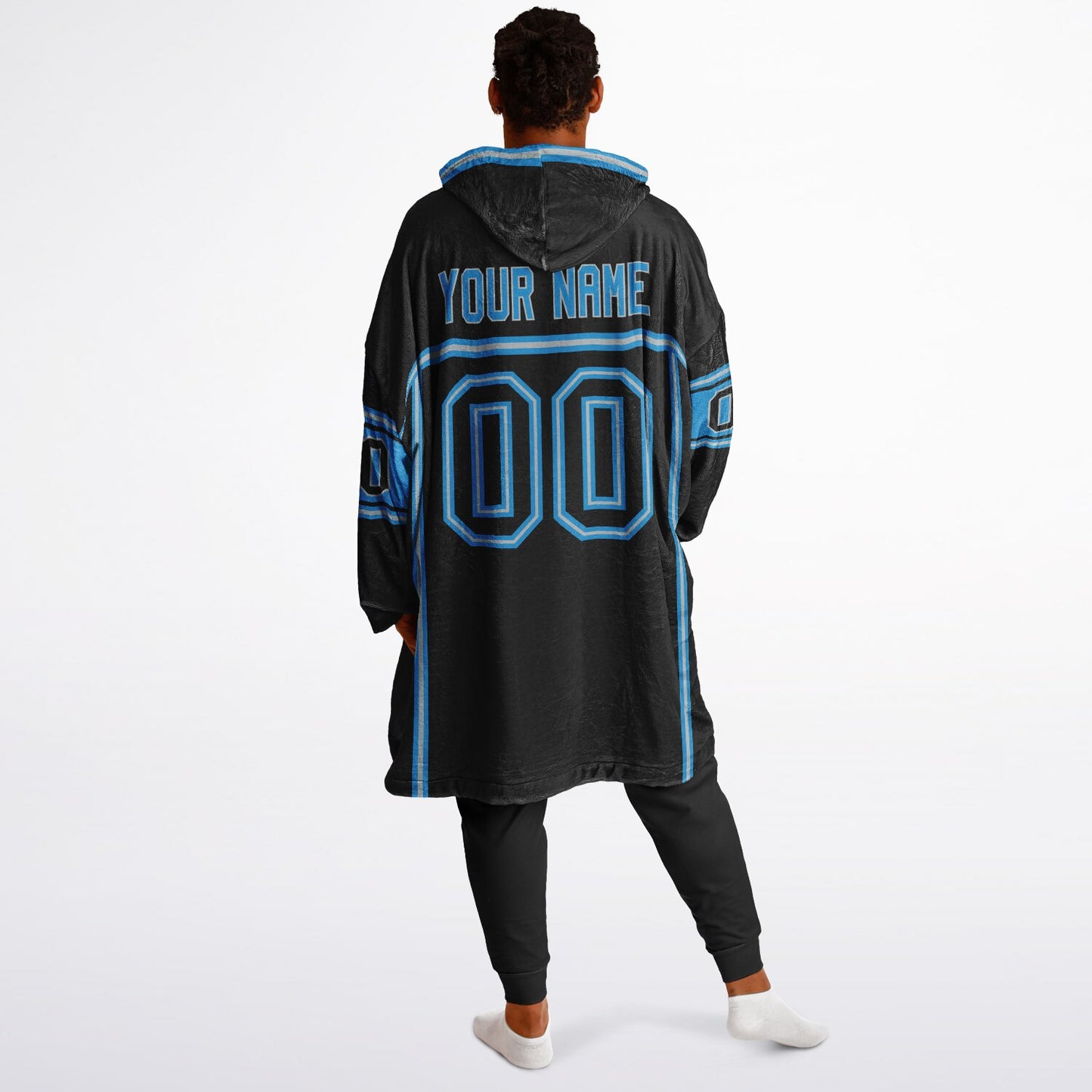 Black, blue, and silver lineup snug hoodie with clean line work and subtle jersey influence