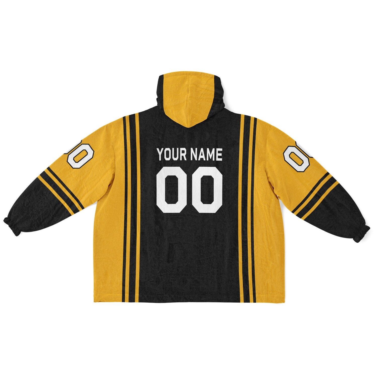 Black and gold bold snug hoodie with modern color-block design and soft loungewear fit.