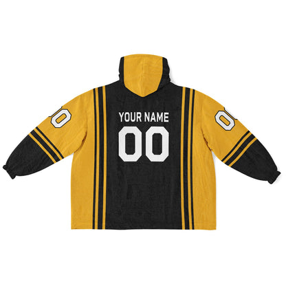 Black and gold bold snug hoodie with modern color-block design and soft loungewear fit.