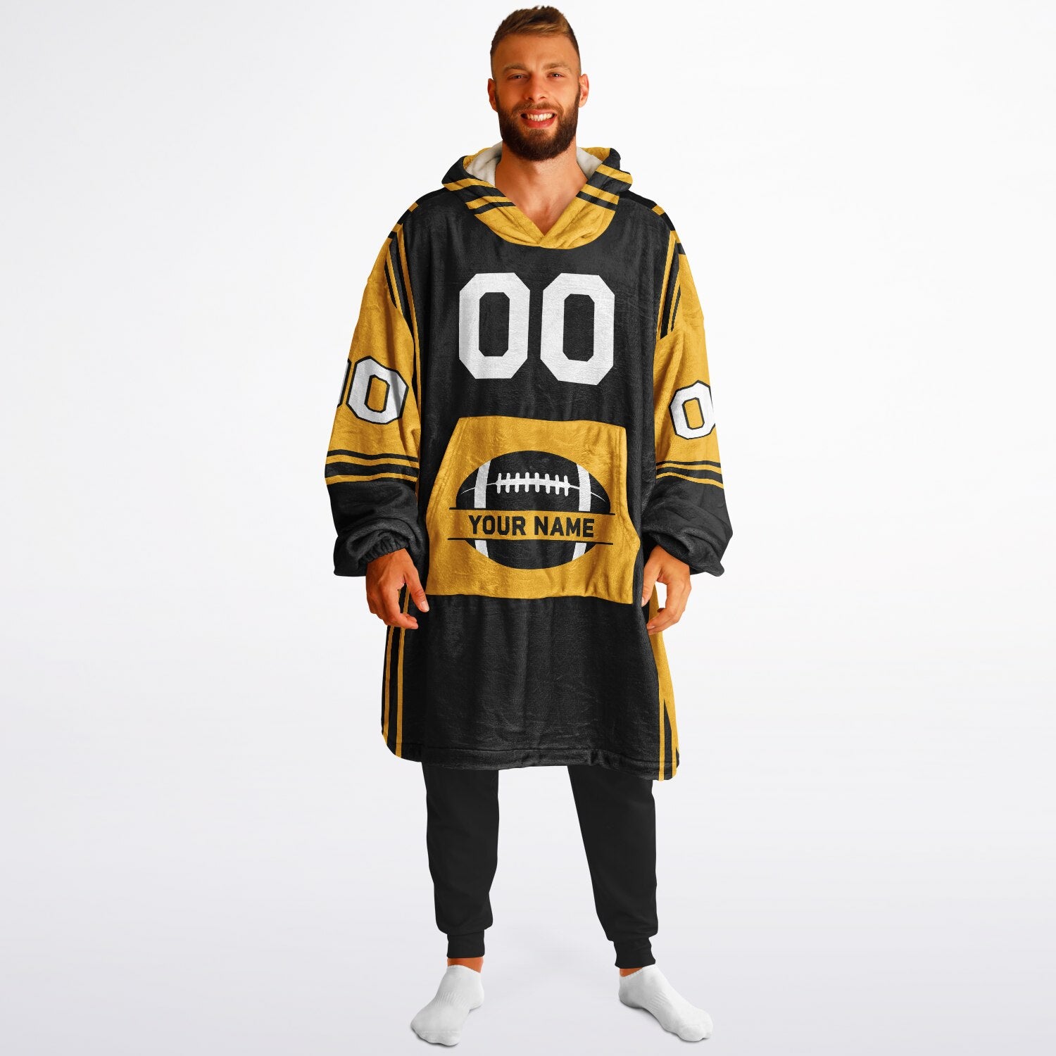 Black and gold bold snug hoodie with modern color-block design and soft loungewear fit.