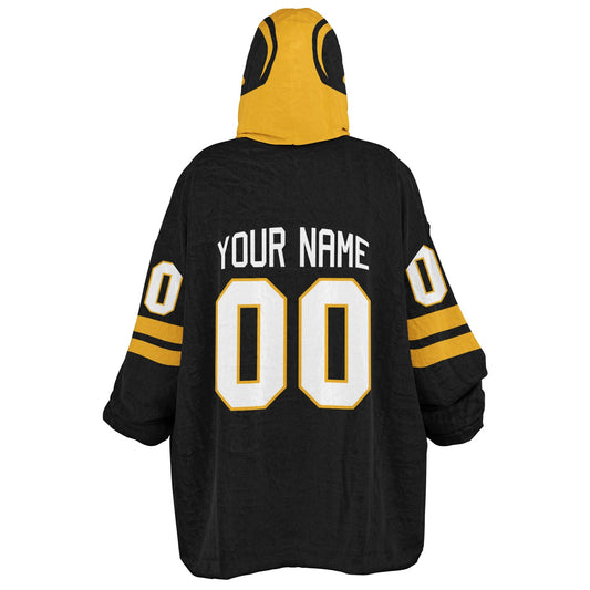 Black and gold classic snug hoodie featuring jersey-style stripes and personalized name and number.