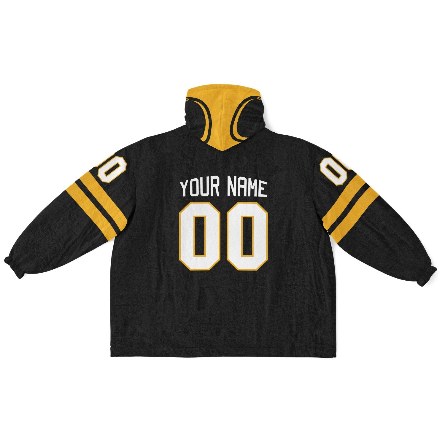 Black and gold classic snug hoodie featuring jersey-style stripes and personalized name and number.