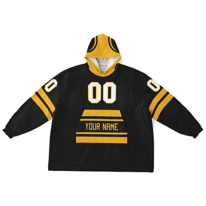 Black and gold classic snug hoodie featuring jersey-style stripes and personalized name and number.