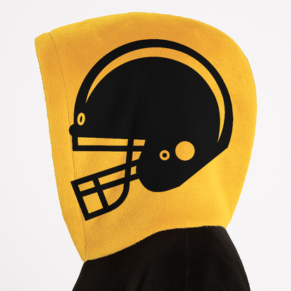 Black and gold classic snug hoodie featuring jersey-style stripes and personalized name and number.