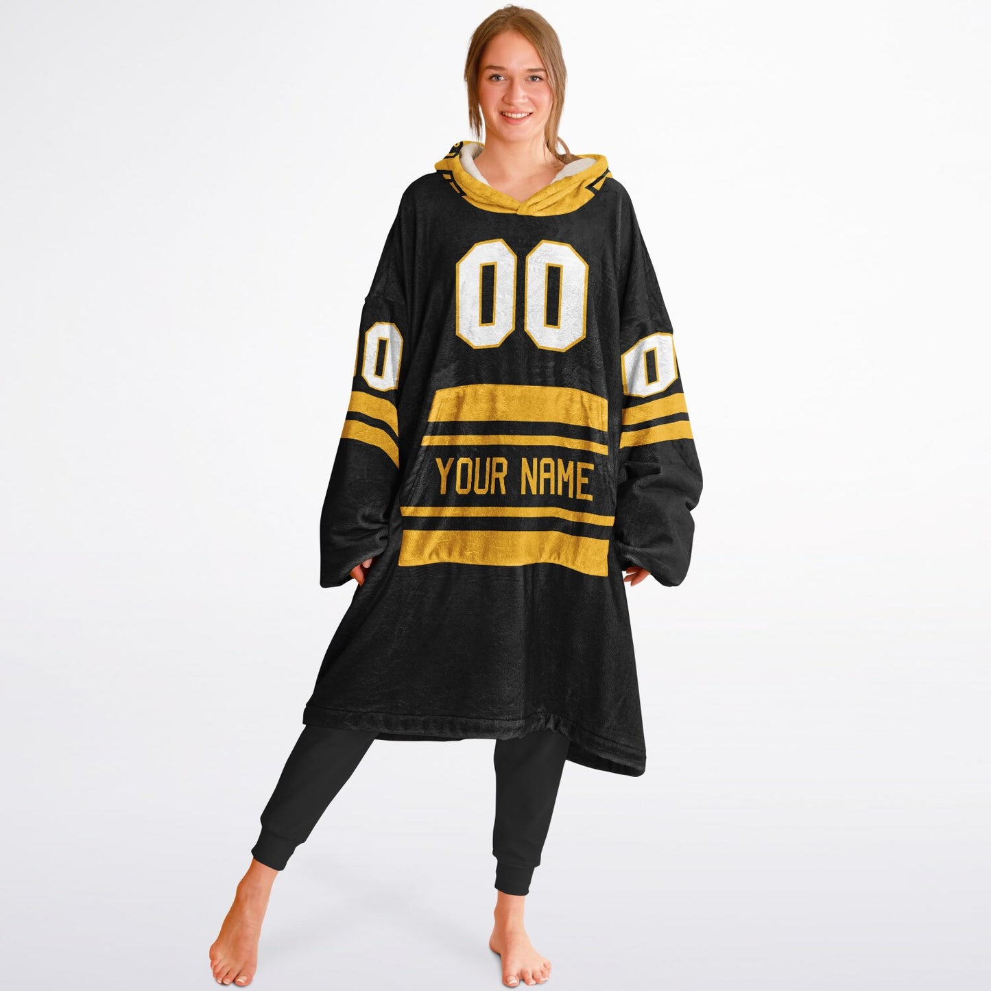 Black and gold classic snug hoodie featuring jersey-style stripes and personalized name and number.