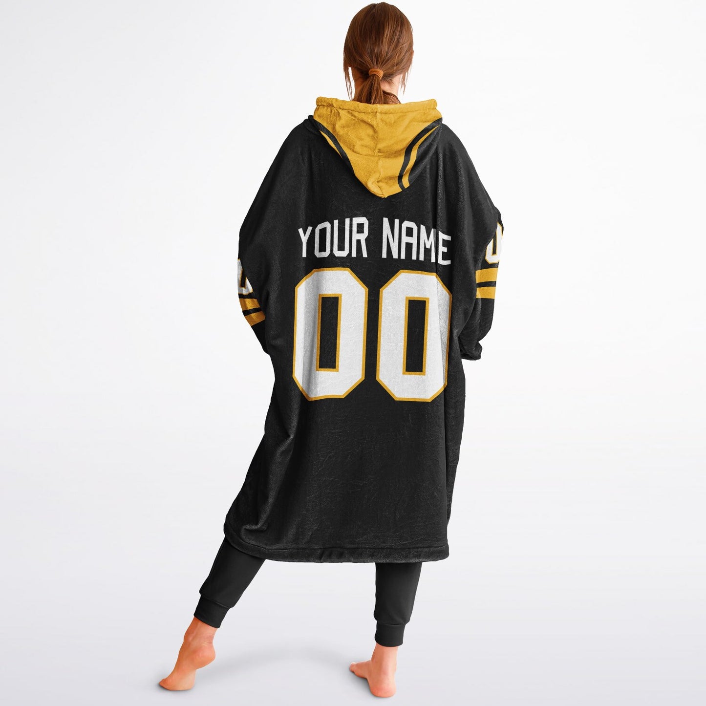 Black and gold classic snug hoodie featuring jersey-style stripes and personalized name and number.