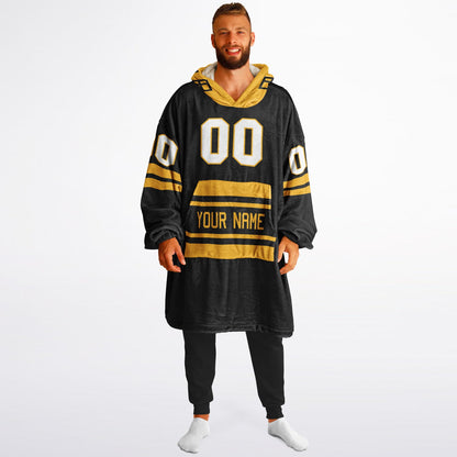Black and gold classic snug hoodie featuring jersey-style stripes and personalized name and number.