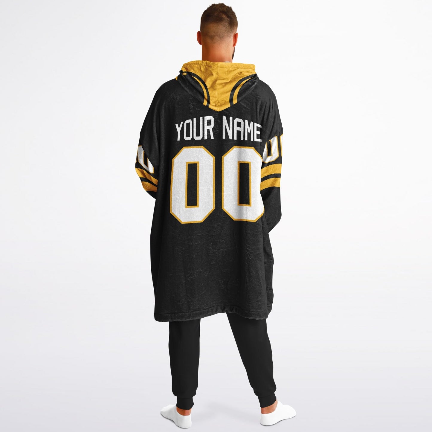 Black and gold classic snug hoodie featuring jersey-style stripes and personalized name and number.