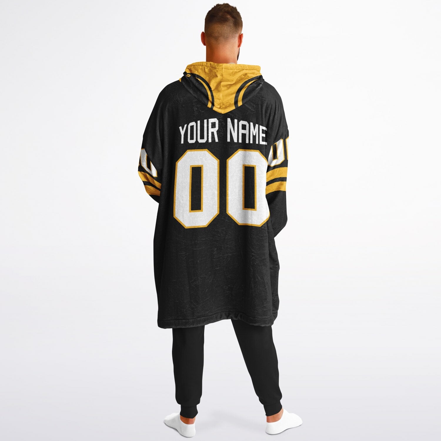 Black and gold classic snug hoodie featuring jersey-style stripes and personalized name and number.