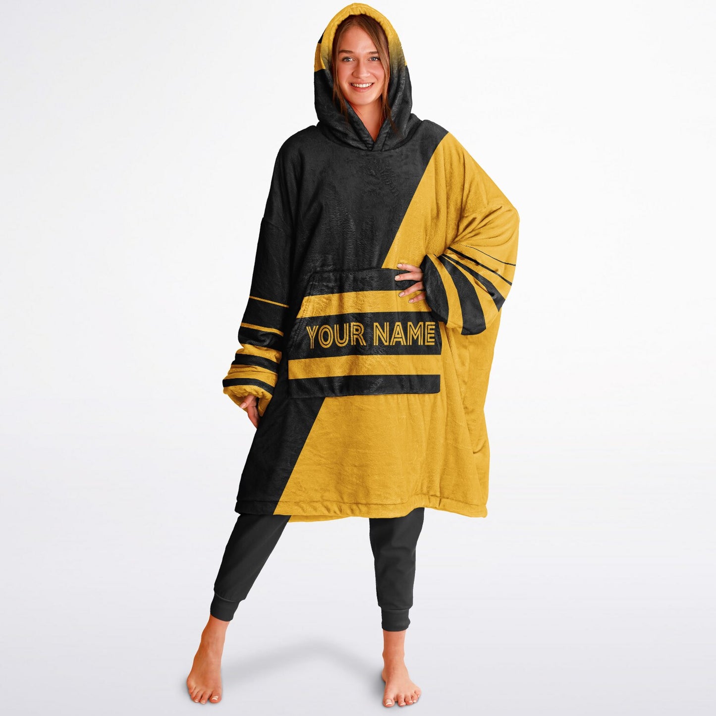 Black and gold reversible snug hoodie with soft interior lining and casual everyday style for football fans.