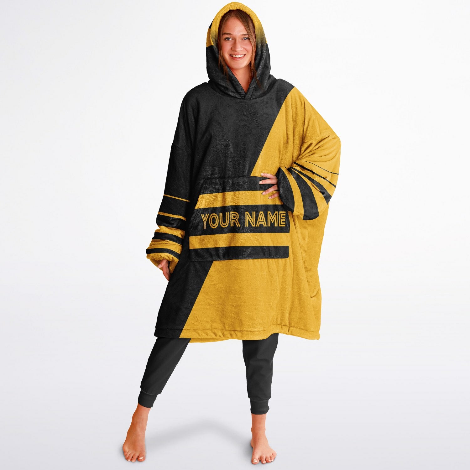 Black and gold reversible snug hoodie with soft interior lining and casual everyday style for football fans.