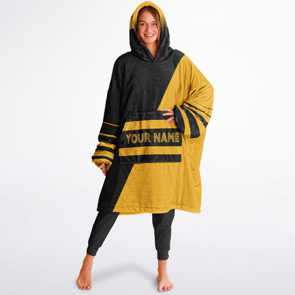 Black and gold reversible snug hoodie with soft interior lining and casual everyday style for football fans.