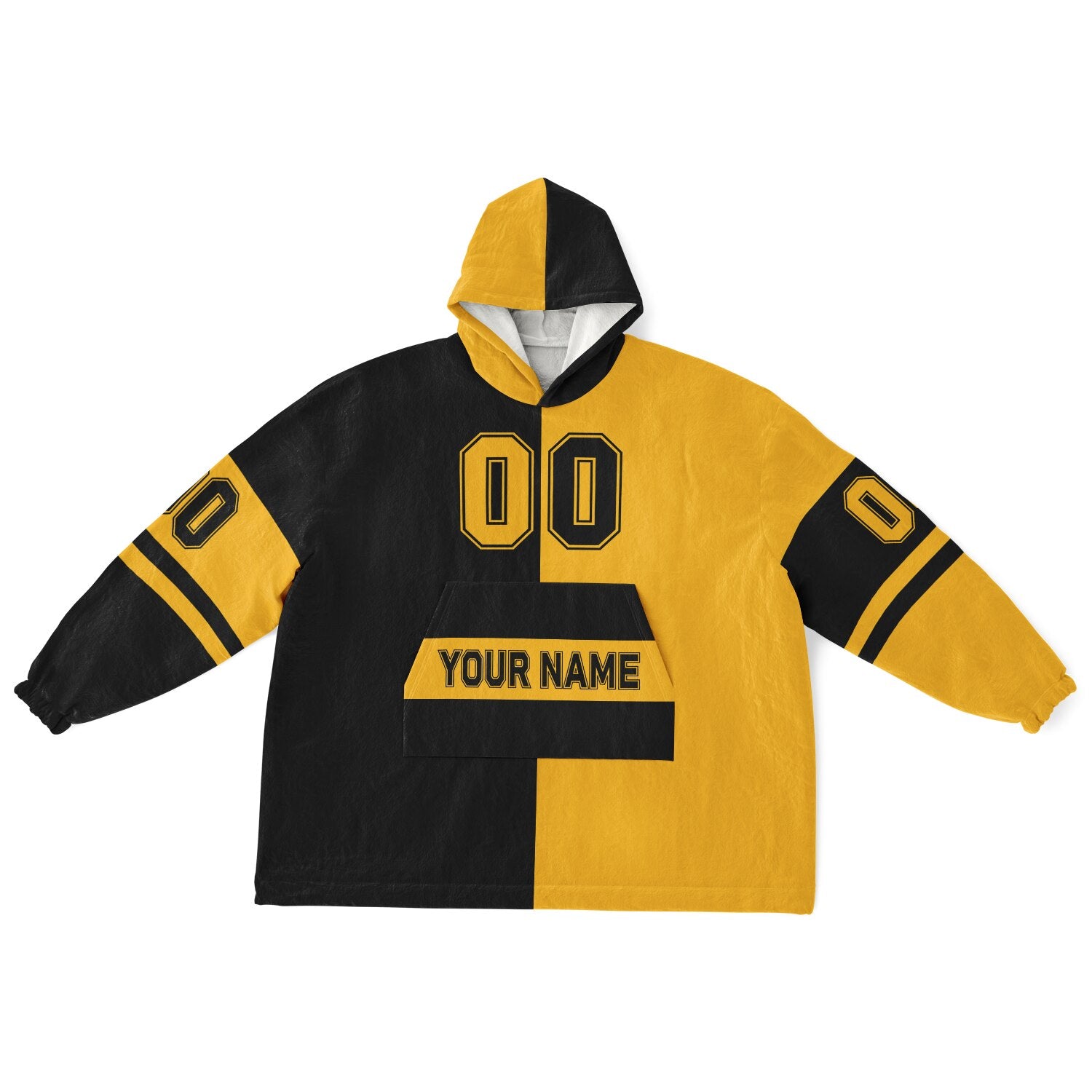 Black and gold halftime snug hoodie featuring a symmetrical split design for a dynamic game-day look.