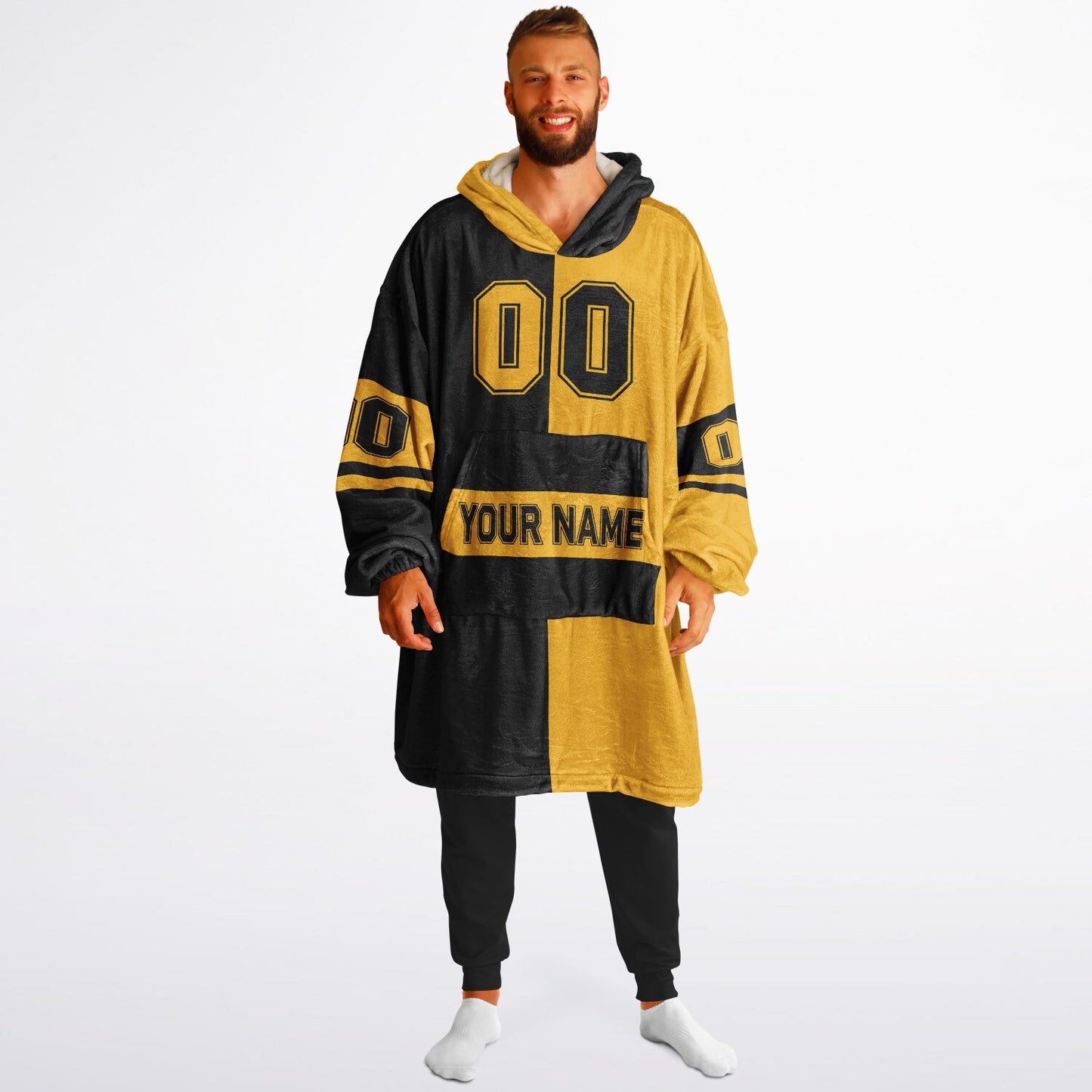Black and gold halftime snug hoodie featuring a symmetrical split design for a dynamic game-day look.