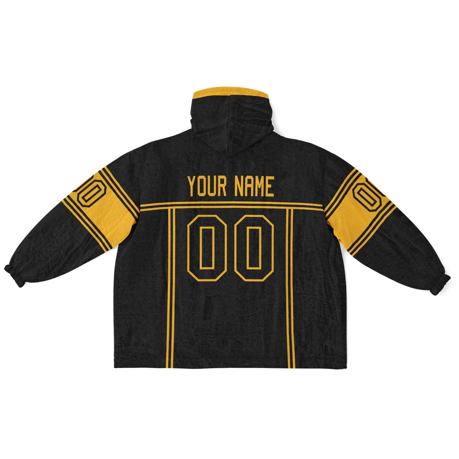 Black and gold lineup snug hoodie featuring sleek line-art details and minimalist team-inspired design.