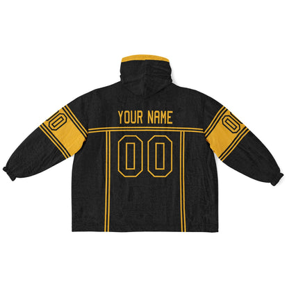 Black and gold lineup snug hoodie featuring sleek line-art details and minimalist team-inspired design.