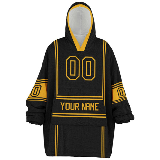 Black and gold lineup snug hoodie featuring sleek line-art details and minimalist team-inspired design.