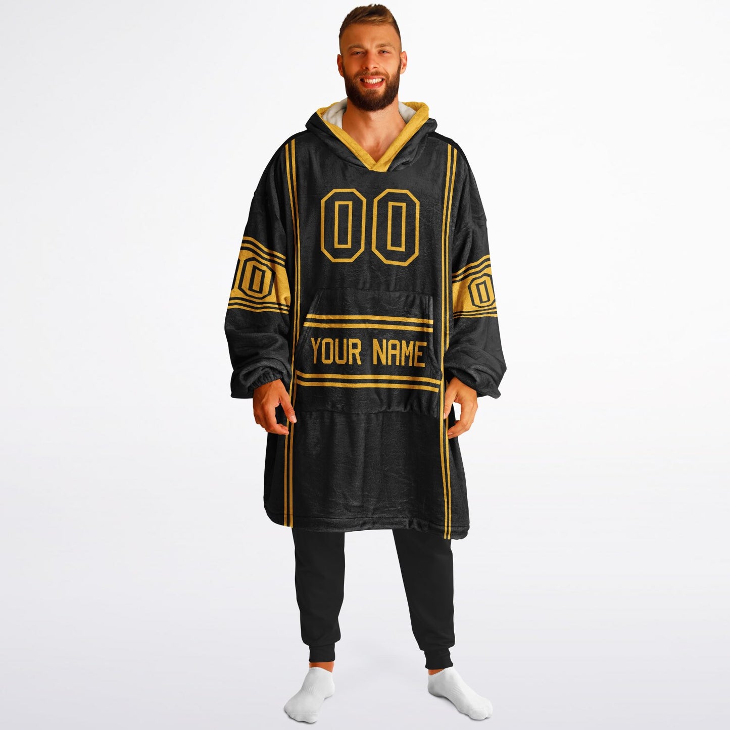 Black and gold lineup snug hoodie featuring sleek line-art details and minimalist team-inspired design.