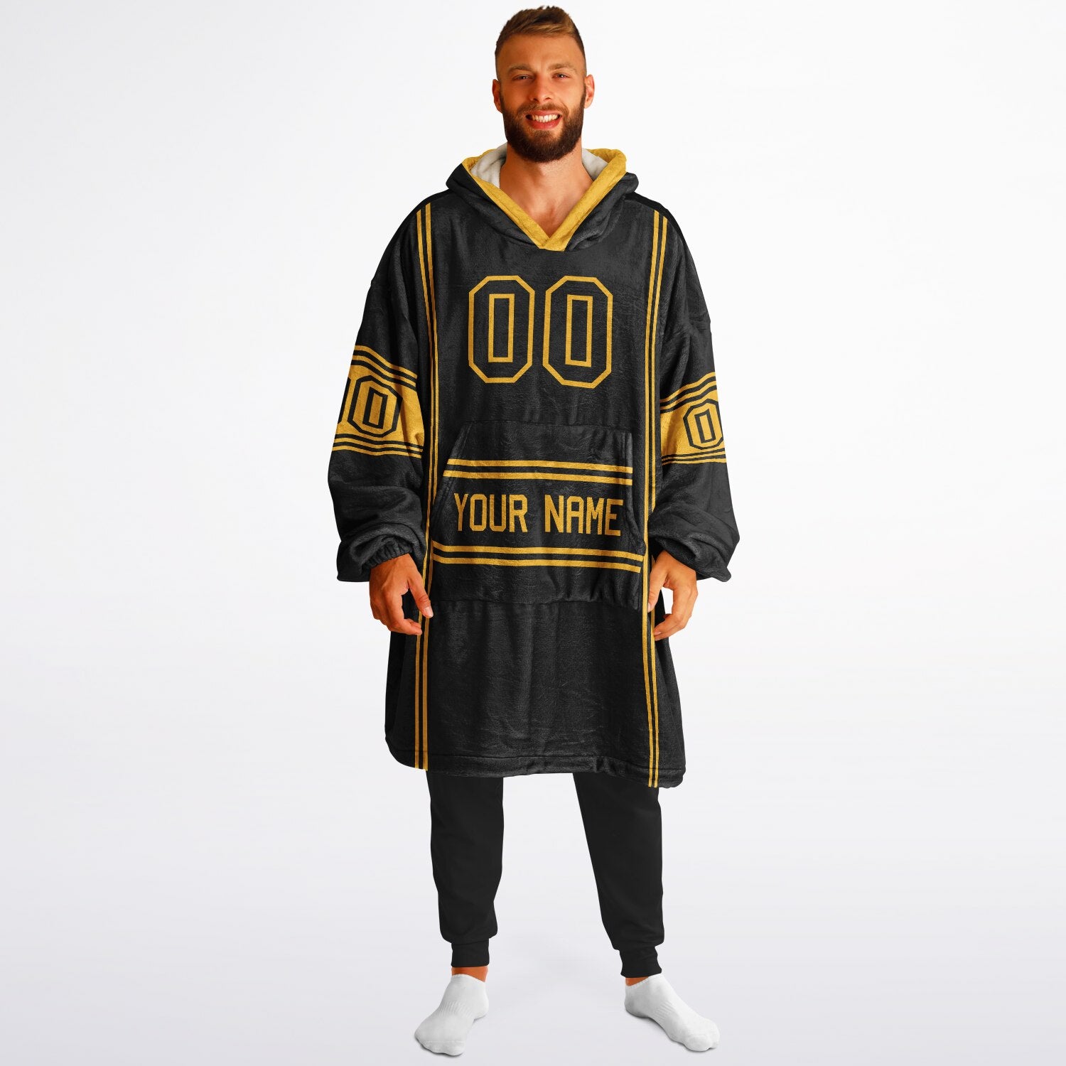 Black and gold lineup snug hoodie featuring sleek line-art details and minimalist team-inspired design.