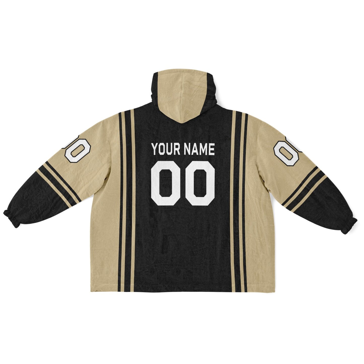 Black and old gold bold snug hoodie with modern color-block design and soft loungewear fit.