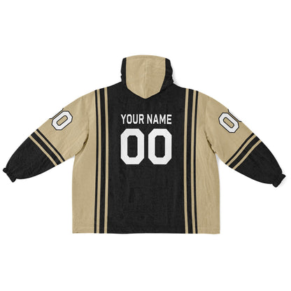 Black and old gold bold snug hoodie with modern color-block design and soft loungewear fit.
