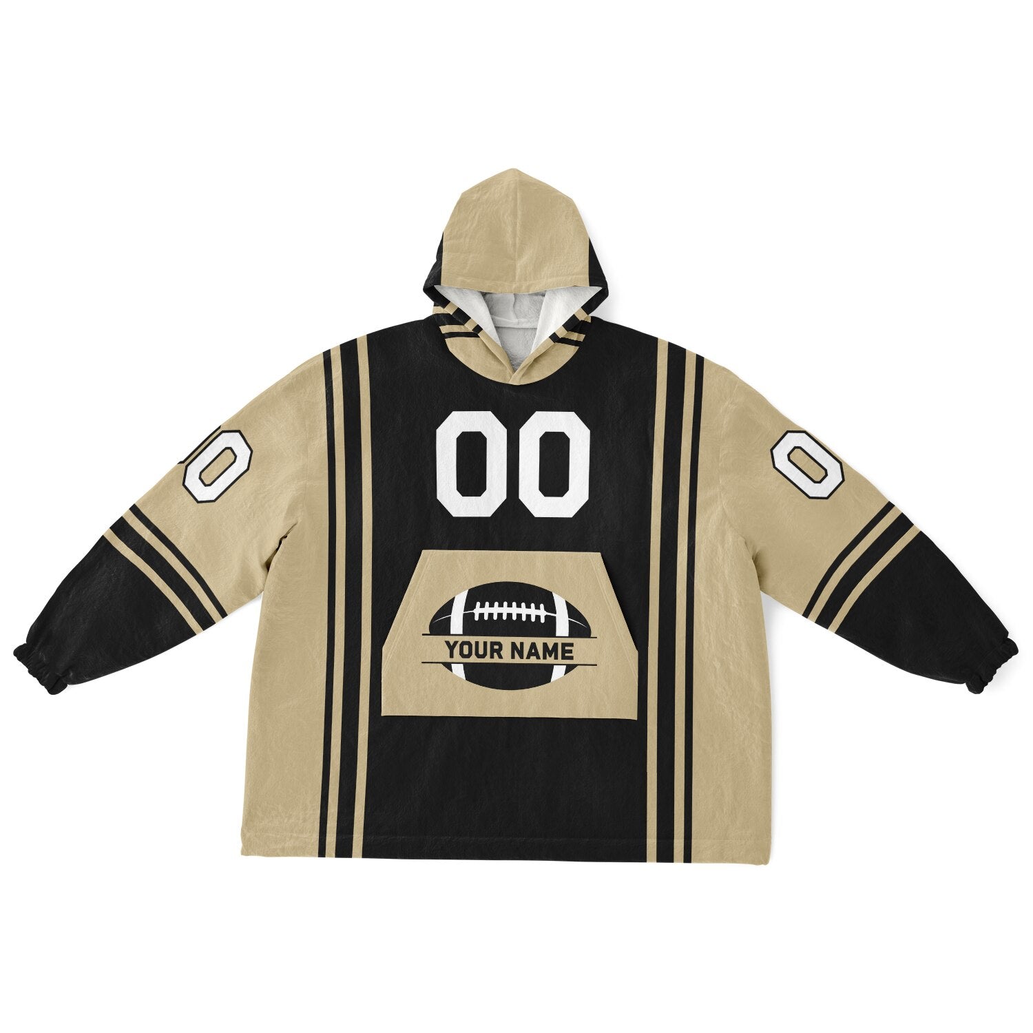 Black and old gold bold snug hoodie with modern color-block design and soft loungewear fit.