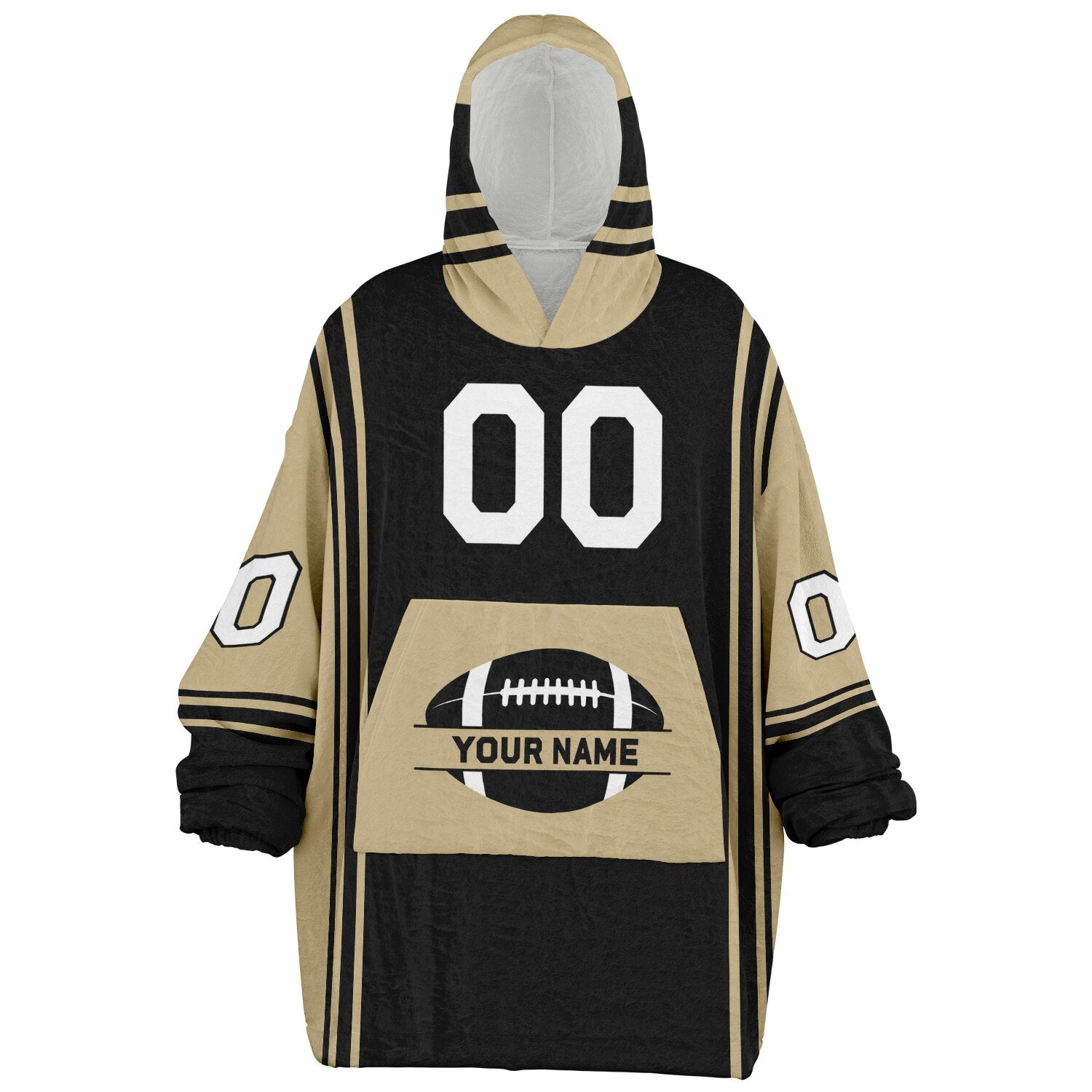 Black and old gold bold snug hoodie with modern color-block design and soft loungewear fit.