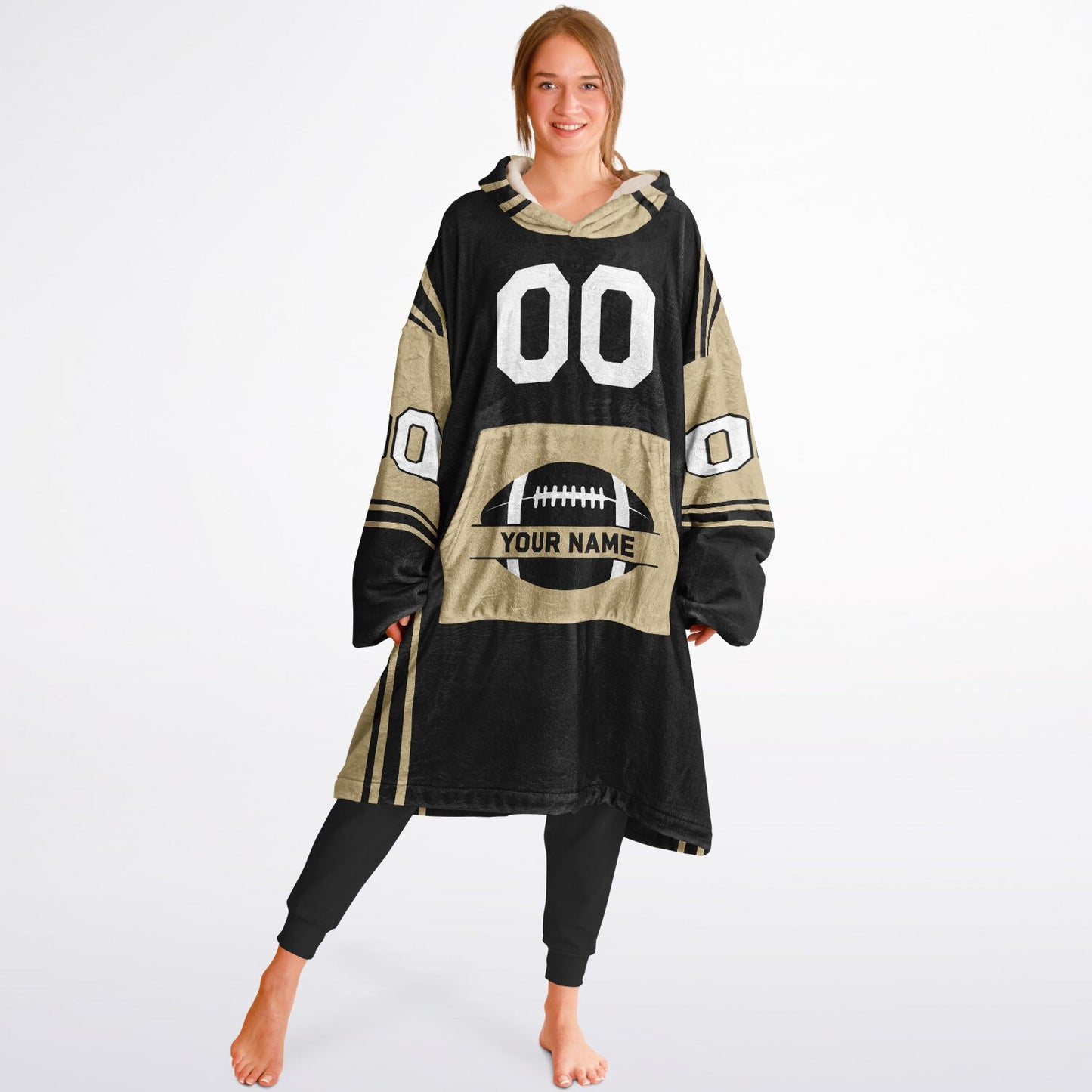 Black and old gold bold snug hoodie with modern color-block design and soft loungewear fit.
