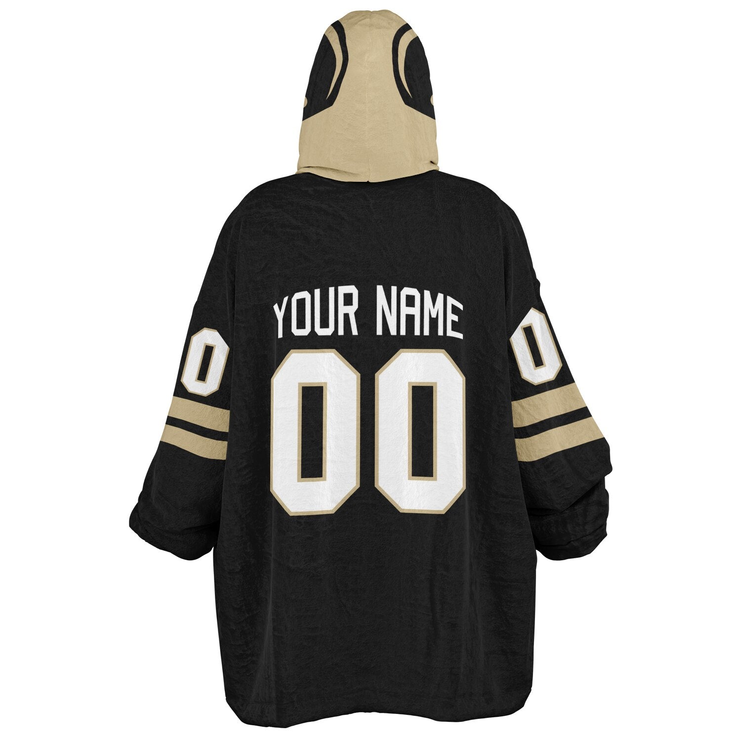 Black and old gold classic snug hoodie featuring jersey-style stripes and personalized name and number.