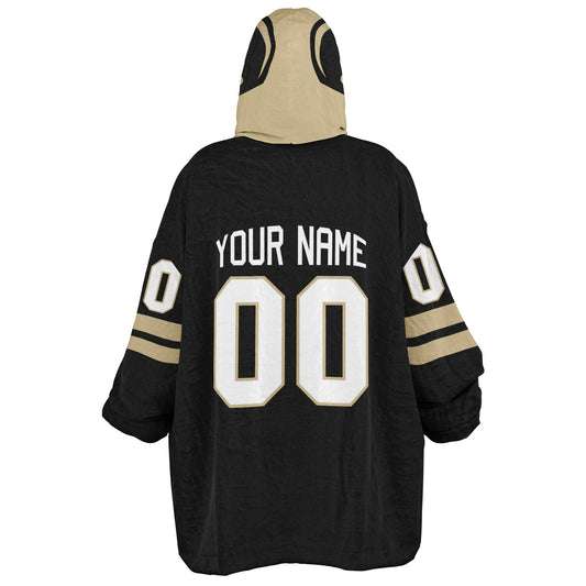 Black and old gold classic snug hoodie featuring jersey-style stripes and personalized name and number.