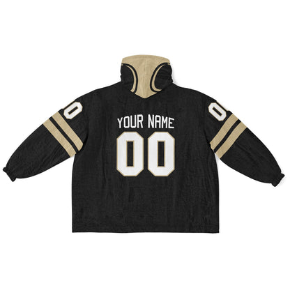 Black and old gold classic snug hoodie featuring jersey-style stripes and personalized name and number.