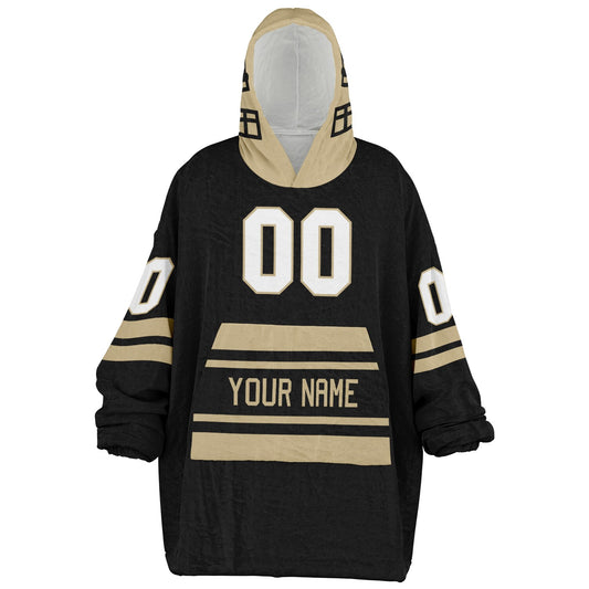 Black and old gold classic snug hoodie featuring jersey-style stripes and personalized name and number.