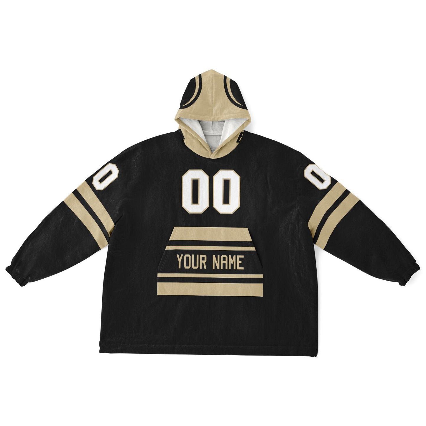 Black and old gold classic snug hoodie featuring jersey-style stripes and personalized name and number.