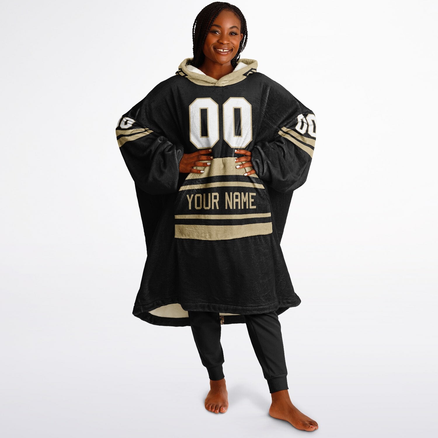 Black and old gold classic snug hoodie featuring jersey-style stripes and personalized name and number.