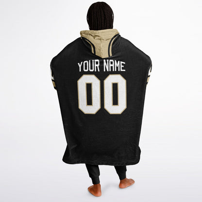 Black and old gold classic snug hoodie featuring jersey-style stripes and personalized name and number.