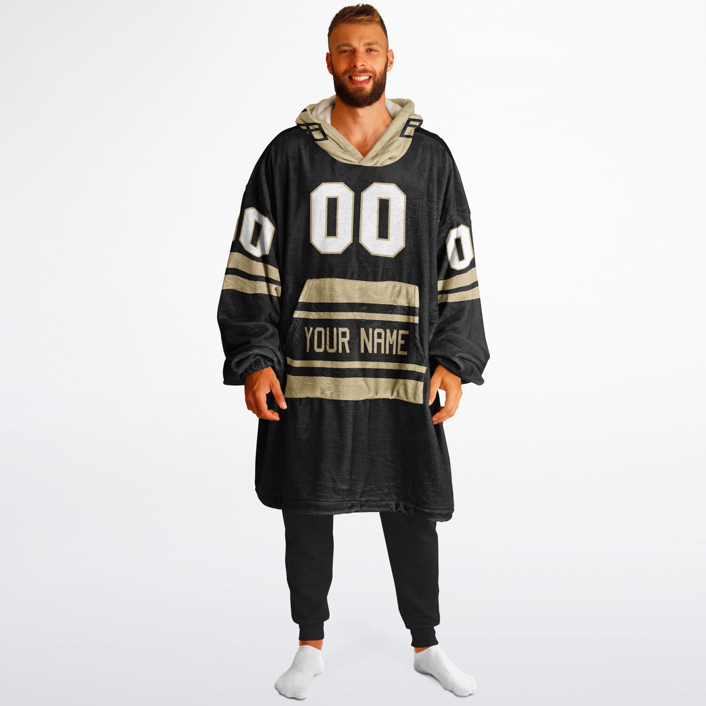 Black and old gold classic snug hoodie featuring jersey-style stripes and personalized name and number.